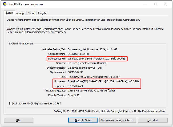 die Schnittstelle von DirectX-Diagnoseprogramm