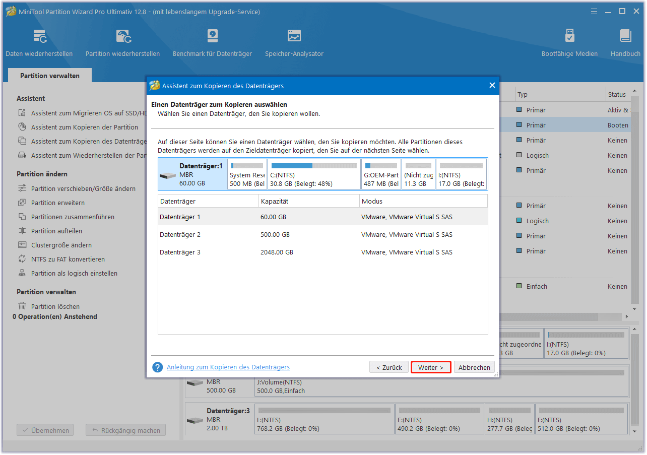 Wählen Sie den zu kopierenden Datenträger und klicken Sie auf Weiter