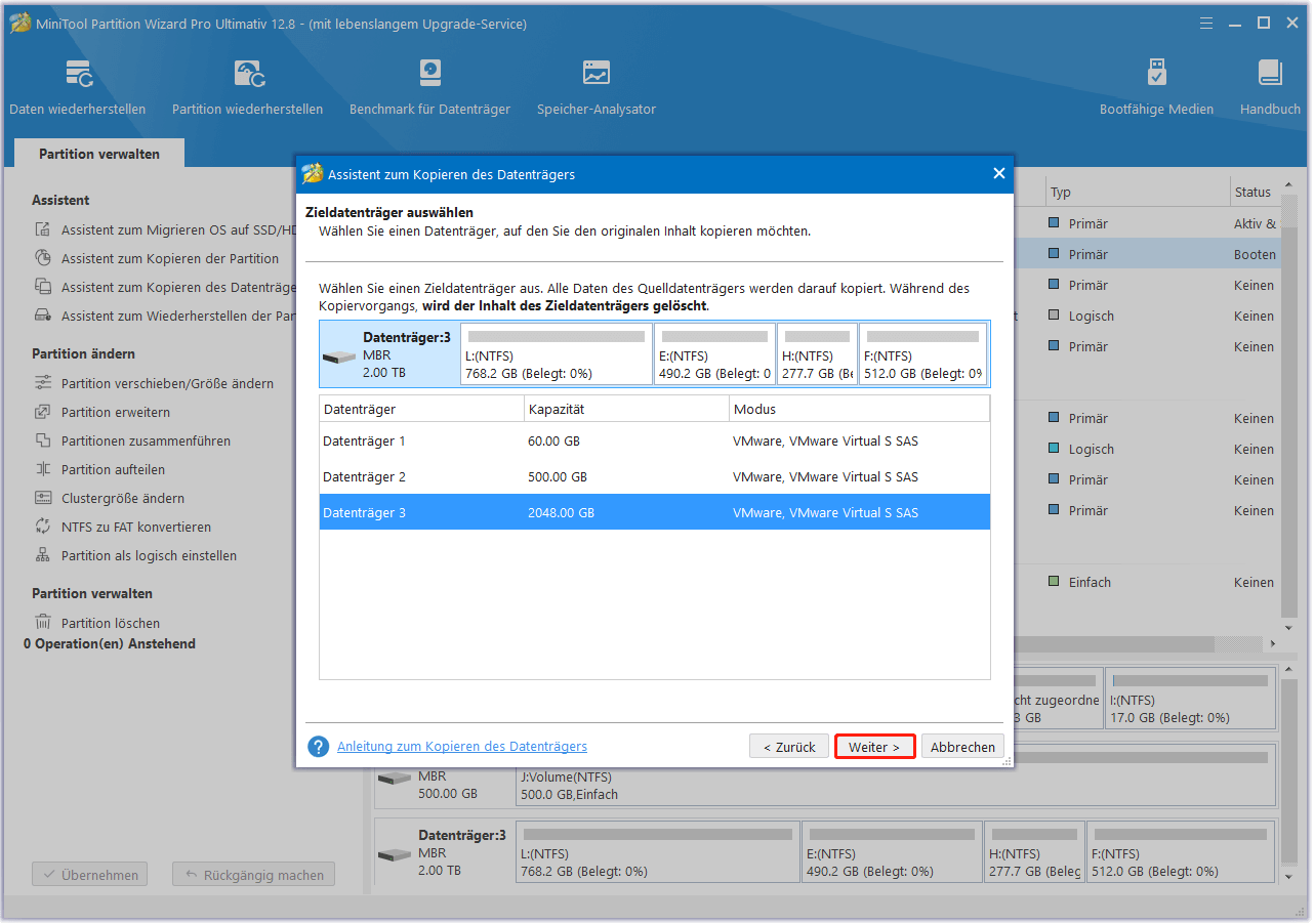 Wählen Sie die Zielfestplatte und klicken Sie auf Weiter