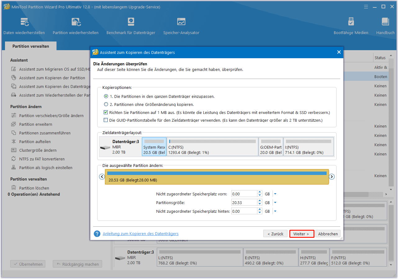 Kopieroptionen einstellen und SSD-Layout anpassen