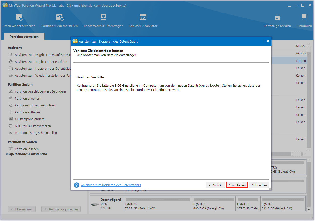 Klicken Sie im Fenster des Assistenten zum Kopieren des Datenträgers von MiniTool Partition Wizard auf Abschließen, um zu bestätigen