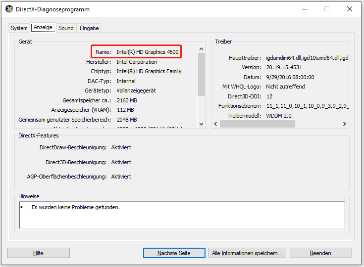 Grafikkarte im Fenster des DirectX-Diagnosetools überprüfen