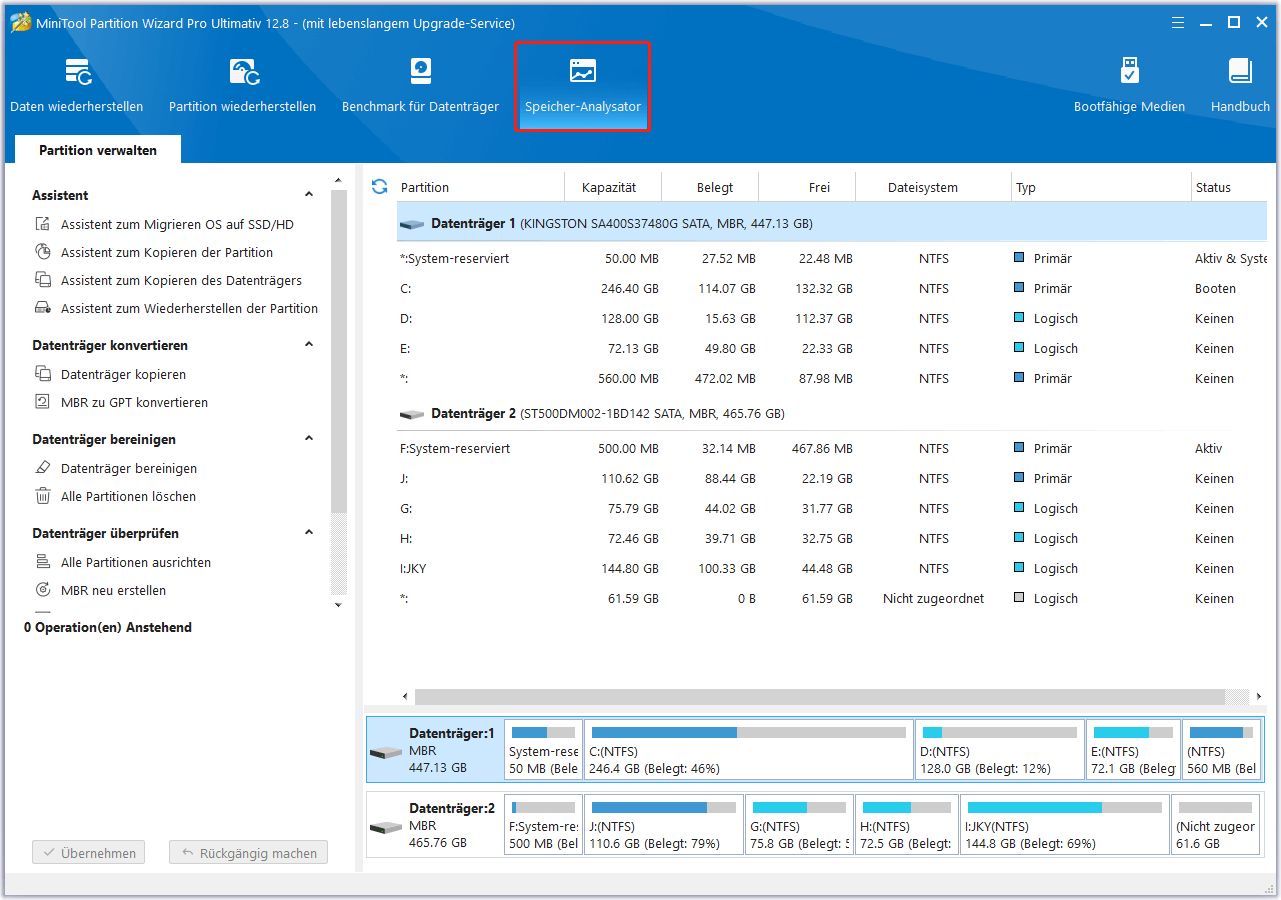 Klicken Sie auf Speicher-Analysator in der Hauptschnittstelle von MiniTool Partition Wizard