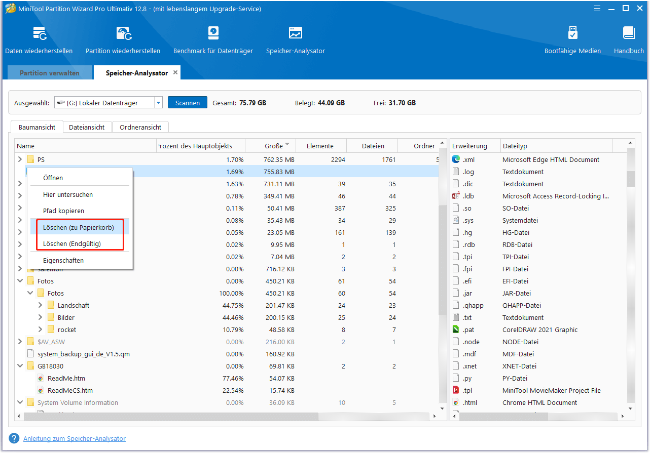 Löschen des unerwünschten Ordners in MiniTool Partition Wizard