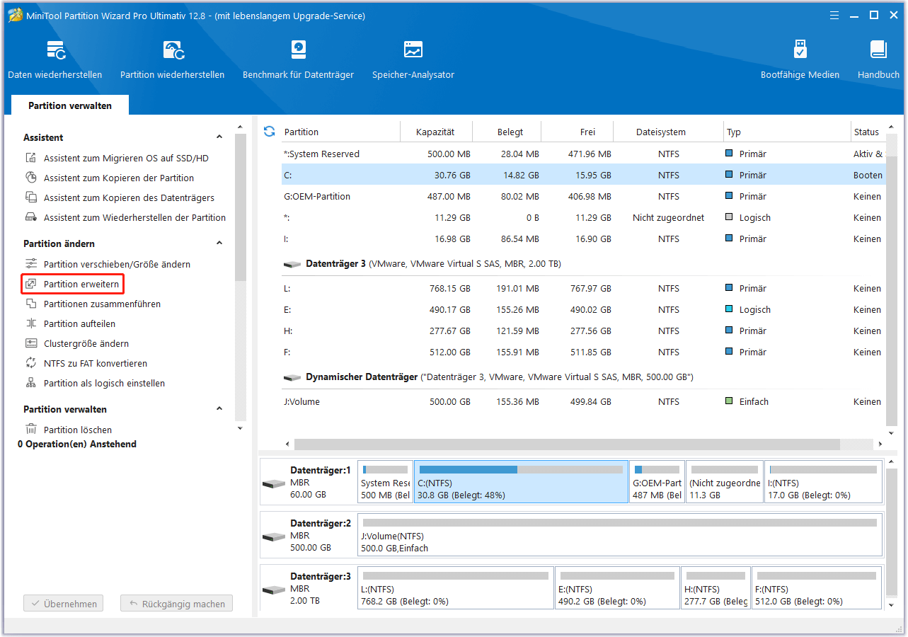 Wählen Sie Partition erweitern aus dem linken Bereich