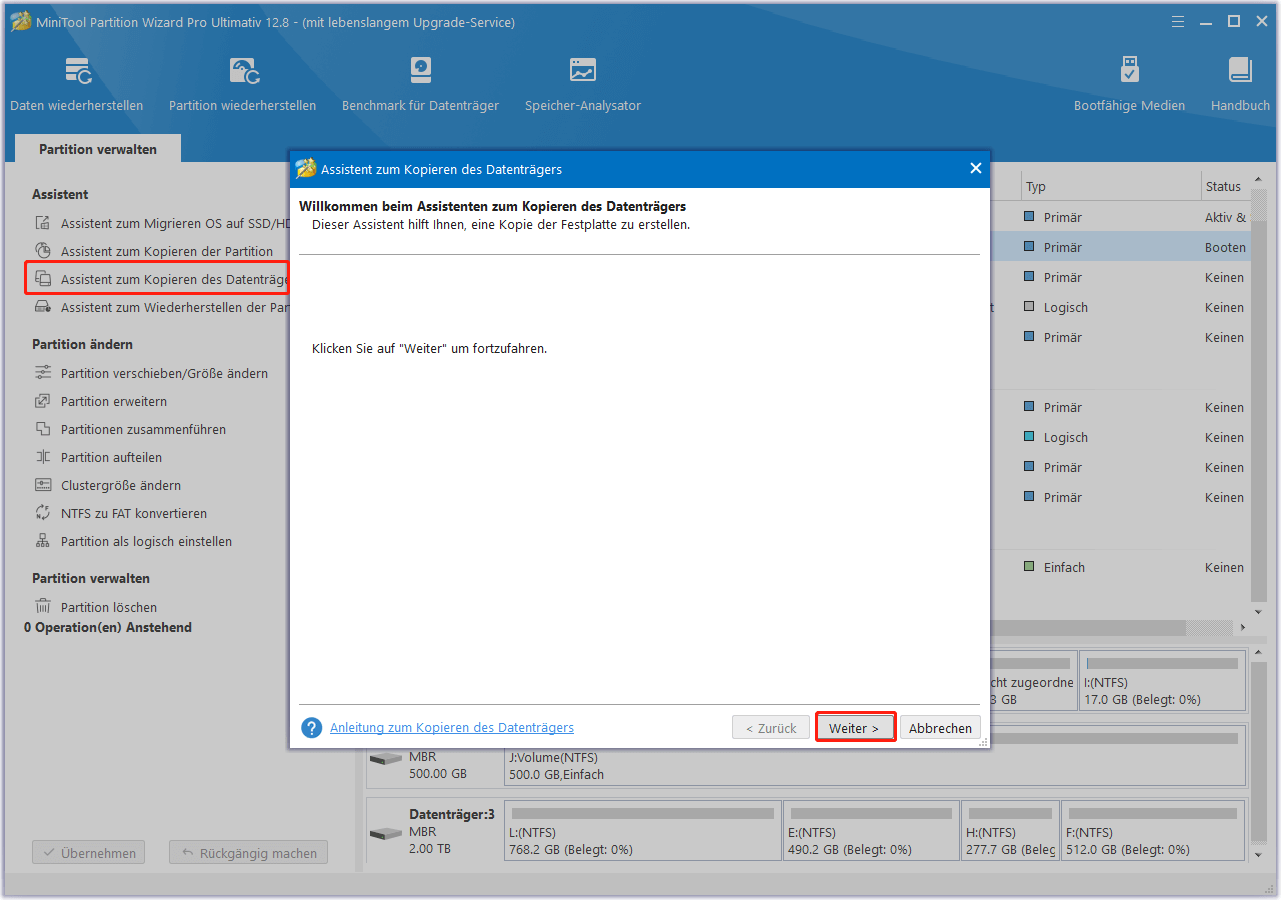 Wählen Sie die Option Assistent zum Kopieren des Datenträgers und Weiter in MiniTool Partition Wizard
