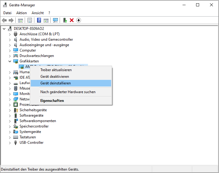Gerät deinstallieren wählen, um den Grafikkartentreiber im Geräte-Manager zu deinstallieren