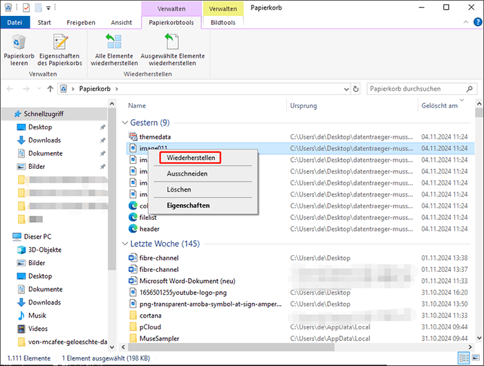Wählen Sie im Kontextmenü Wiederherstellen