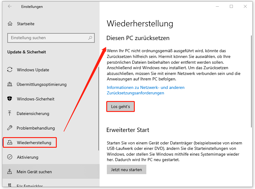 über Diesen PC zurücksetzen