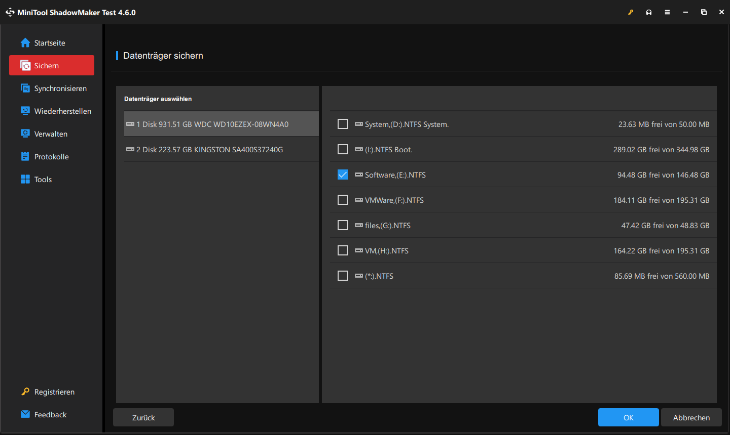 wählen Sie eine zu sichernde Partition in MiniTool ShadowMaker aus