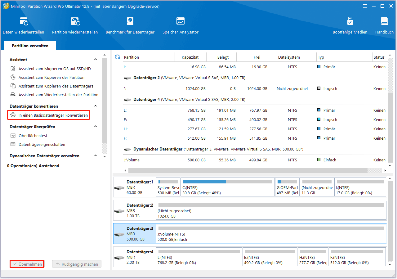 Dynamischen Datenträger mit Partition Manager in einen Basisdatenträger konvertieren