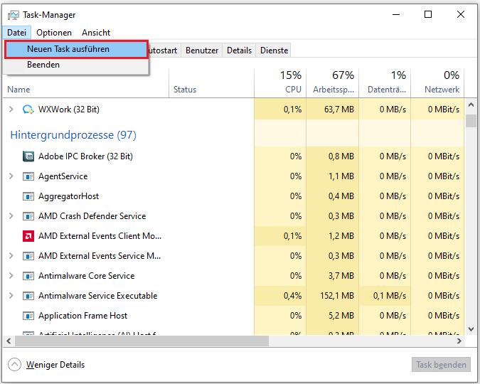 einen neuen Task im Task-Manager ausführen