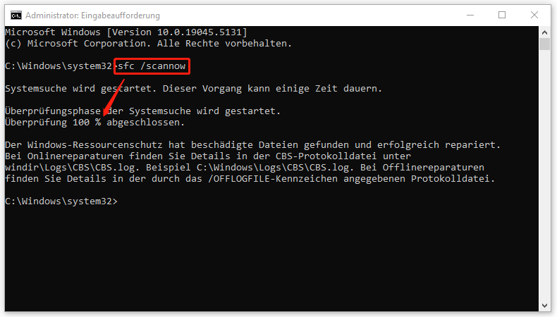 Zur Erkennung und Reparatur der beschädigten Systemdateien führen Sie sfc /scannow im CMD-Fenster aus