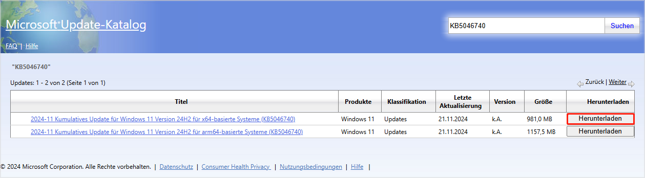 KB5046740 über den Microsoft Update-Katalog herunterladen