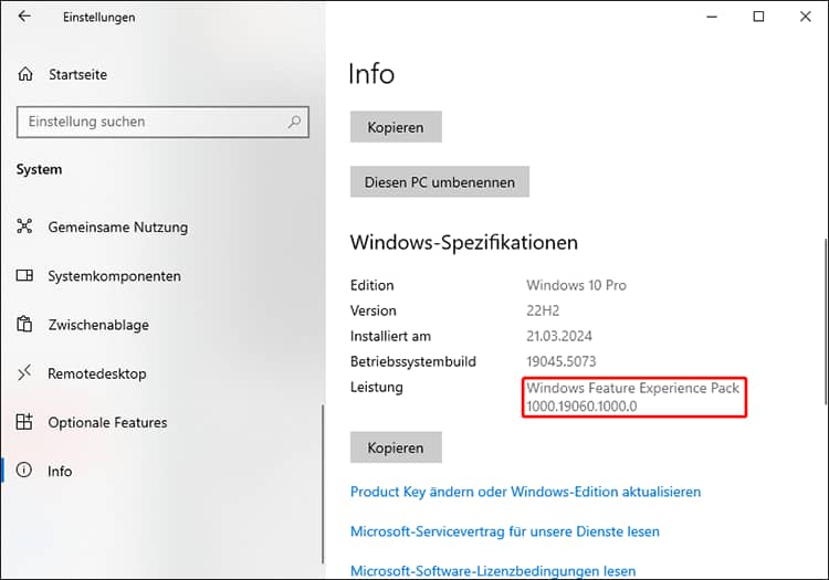 Sehen Sie die Versionsnummer des Windows Feature Experience Pack