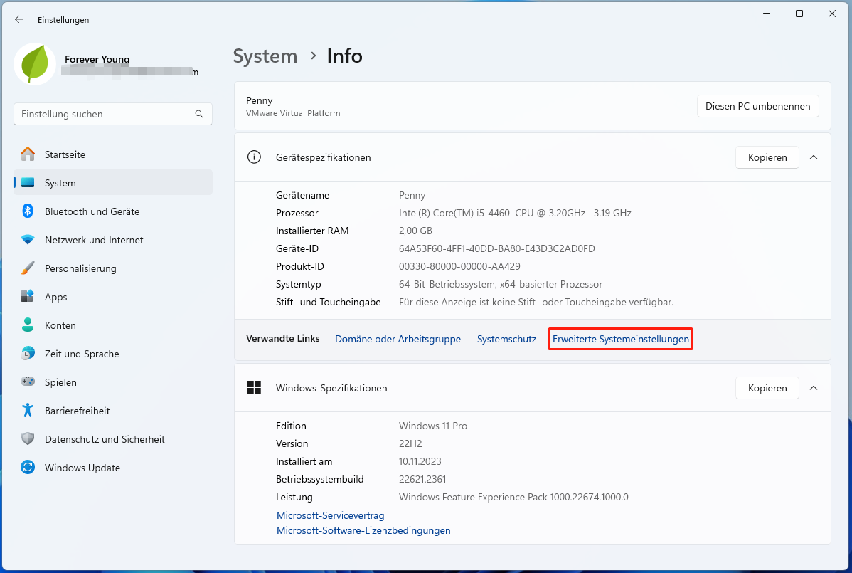 Klicken Sie unter Windows 11 auf Erweiterte Systemeinstellungen