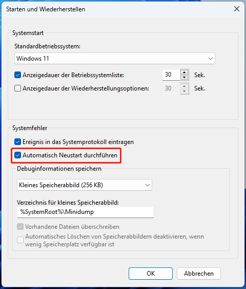 Aktivieren Sie die Schaltfläche Automatisch neu starten