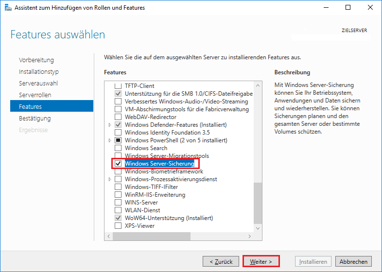 Windows Server-Sicherung auf der Registerkarte Features aktivieren