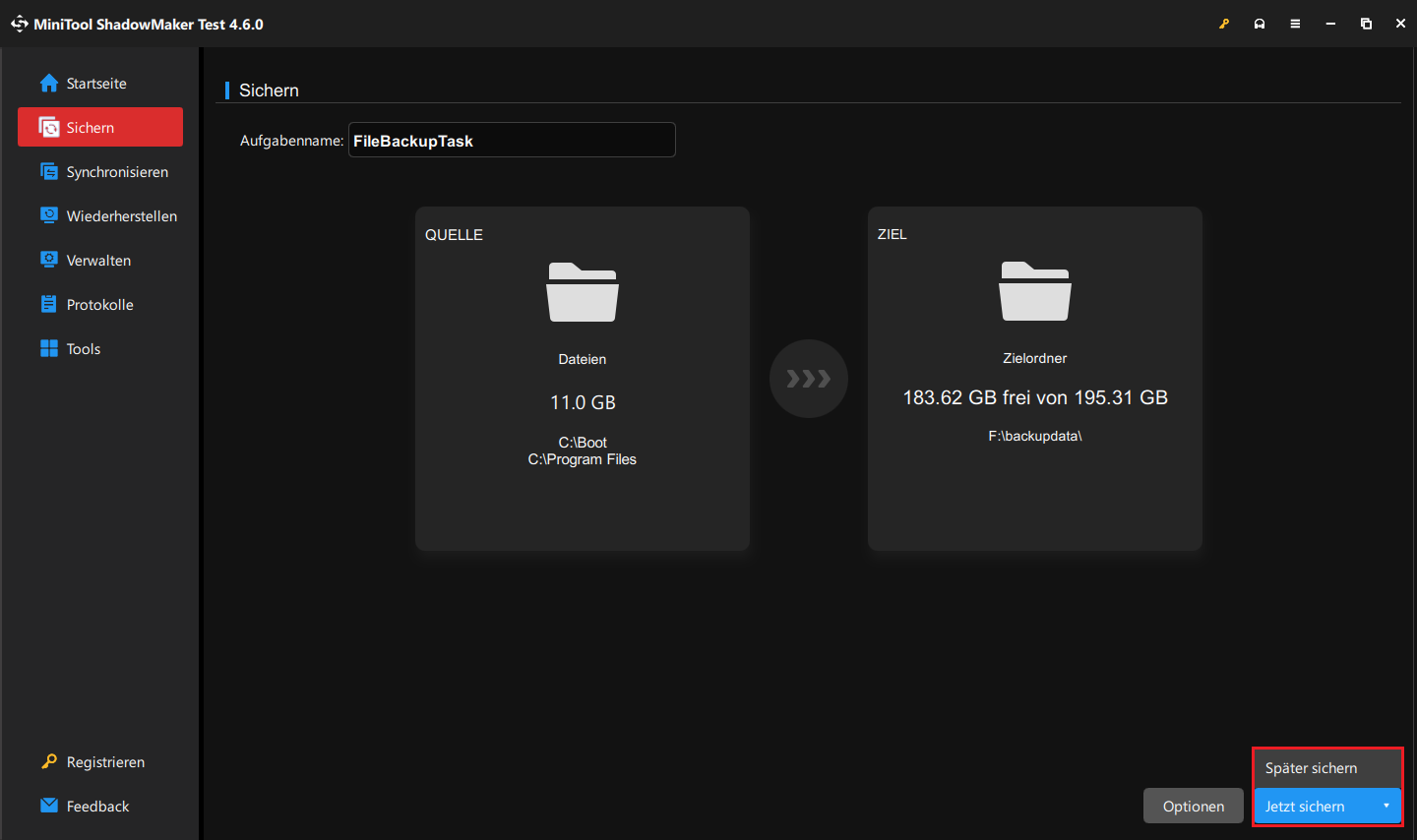 Mit dem Klick auf Jetzt sichern in MiniTool ShadowMaker wird die Serversicherung sofort gestartet