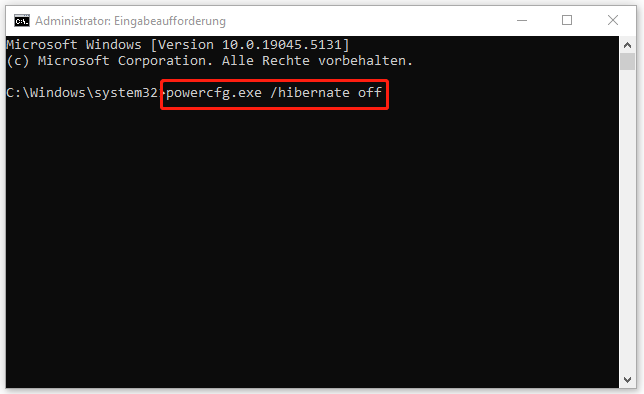 Befehl powercfg.exe /hibernate off in CMD ausführen