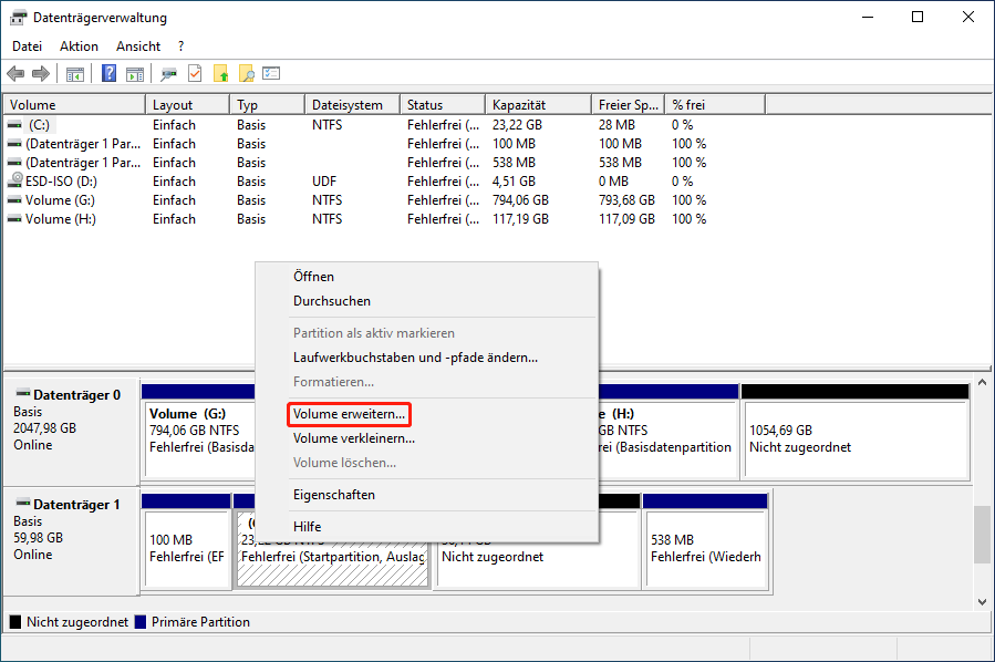 Zum Vergrößern der Systempartition klicken Sie in der Datenträgerverwaltung auf Volume erweitern