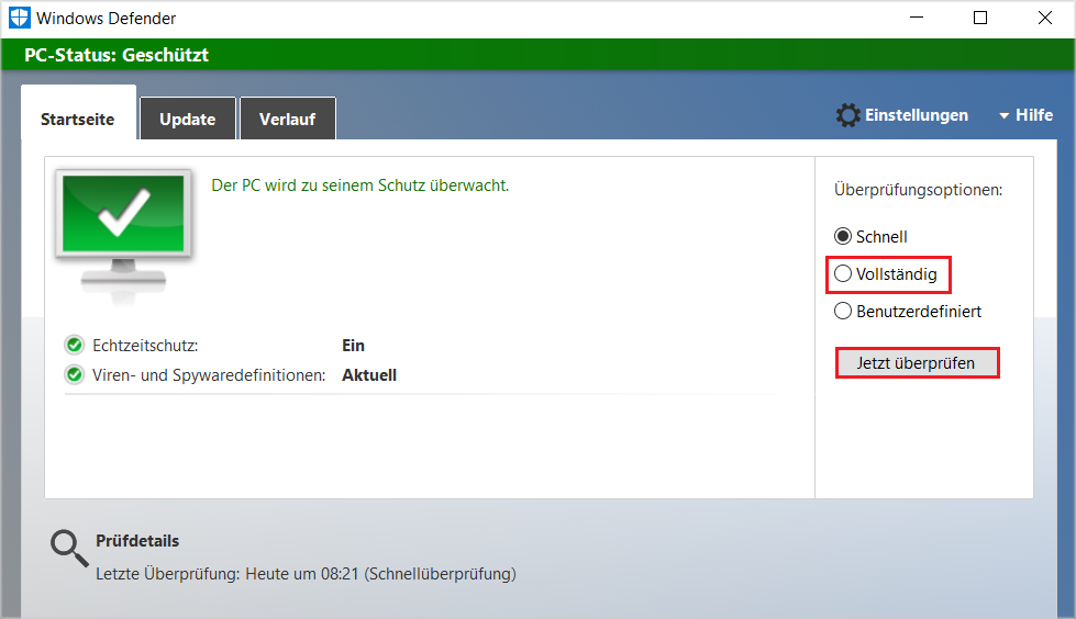 eine vollständige Überprüfung in Windows Defender durchführen