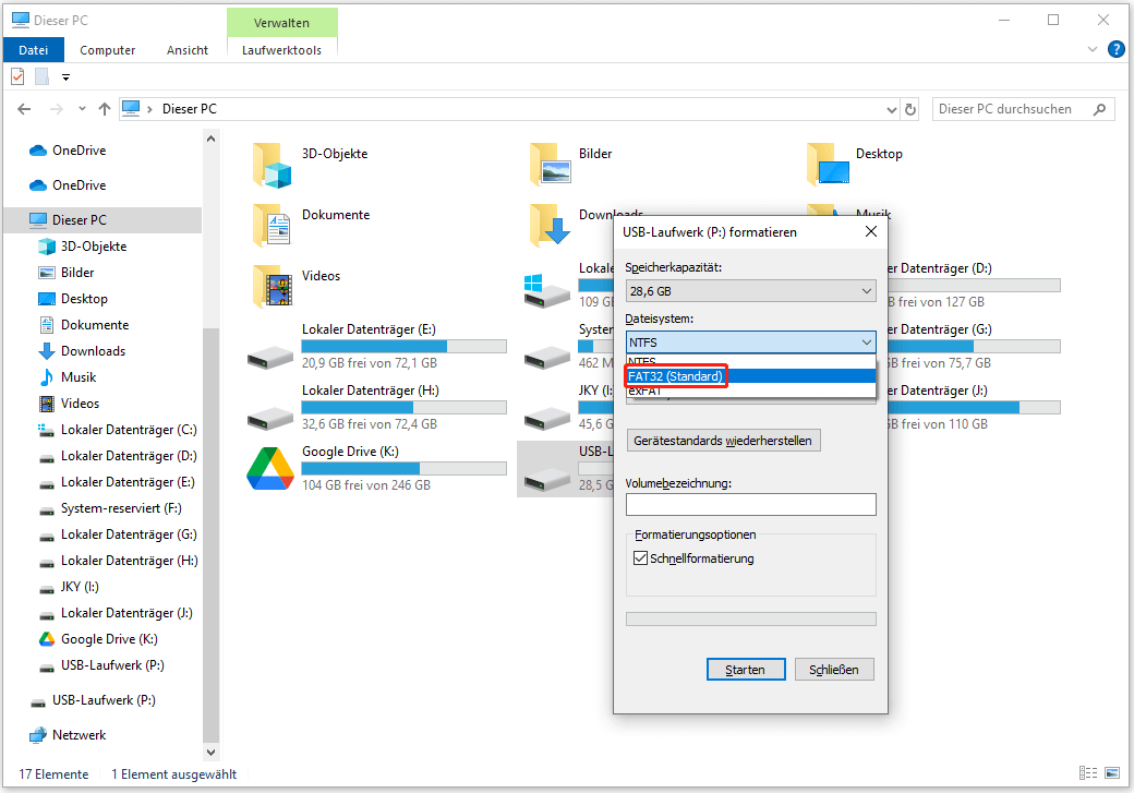 Wählen Sie FAT32 (Standard) beim Formatieren in der Datei-Explorer