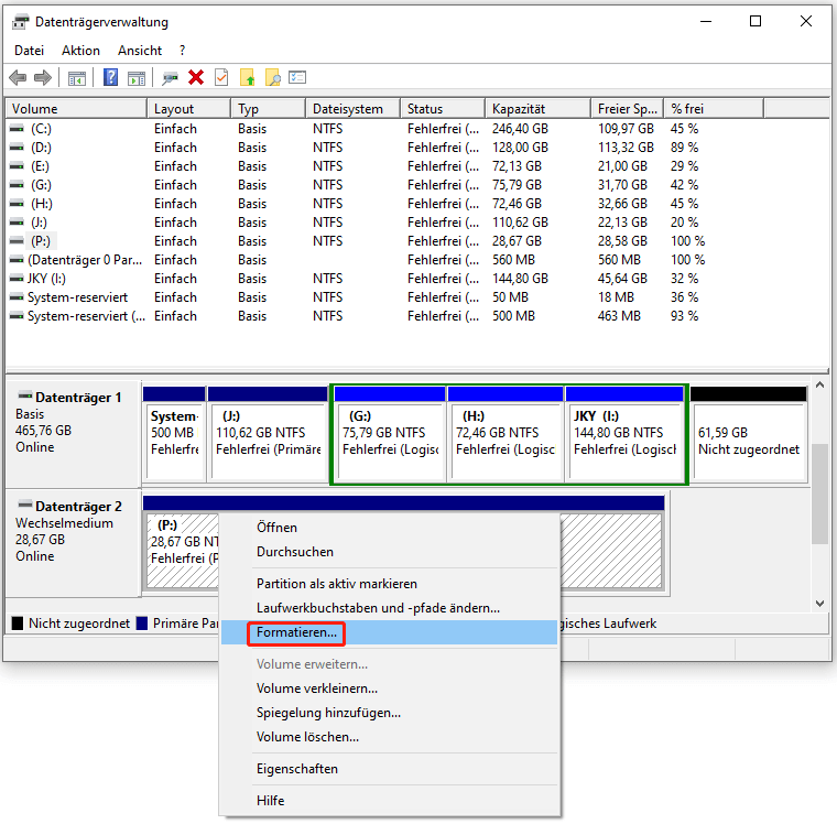 Wählen Sie Formatieren in der Datenträgerverwaltung