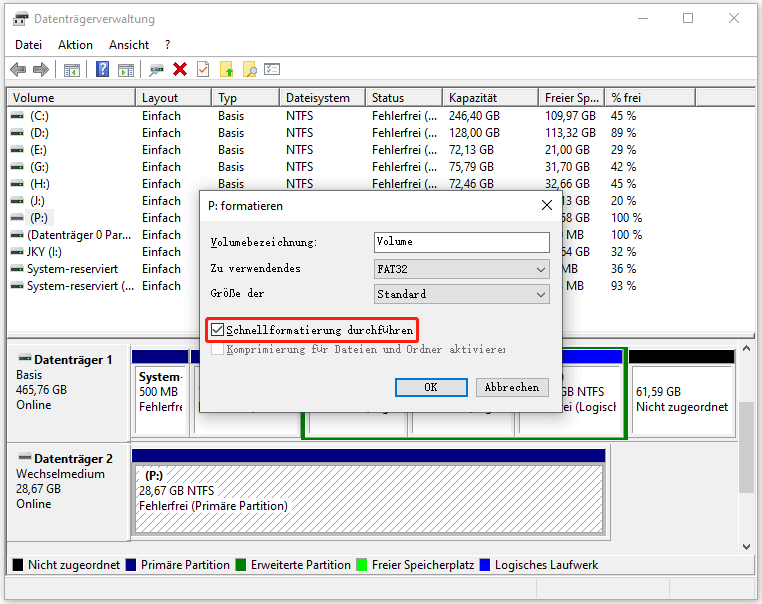 Formatieren Sie das USB-Laufwerk mit der Datenträgerverwaltung