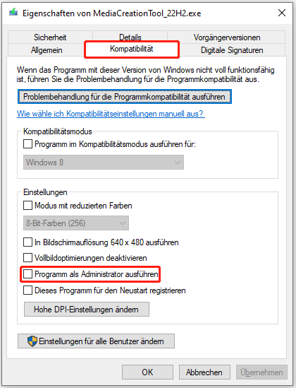 Media Creation Tool als Administrator ausführen