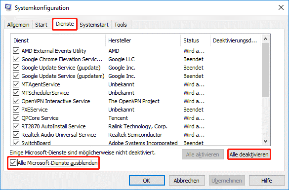 Klicken Sie auf Alle deaktivieren in der Systemkonfiguration