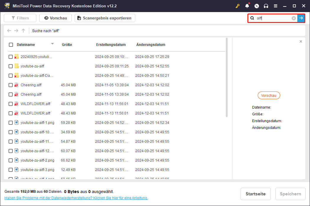 Verwenden Sie die Suchfunktion, um die benötigten AIFF-Audiodateien auf der Scan-Ergebnis-Seite von MiniTool Power Data Recovery zu suchen