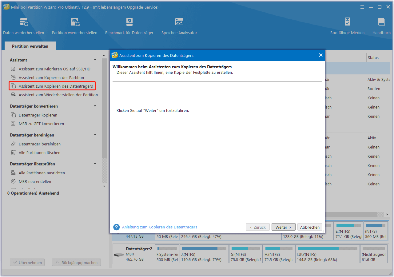 Assistent zum Kopieren des Datenträgers von MiniTool Partition Wizard verwenden