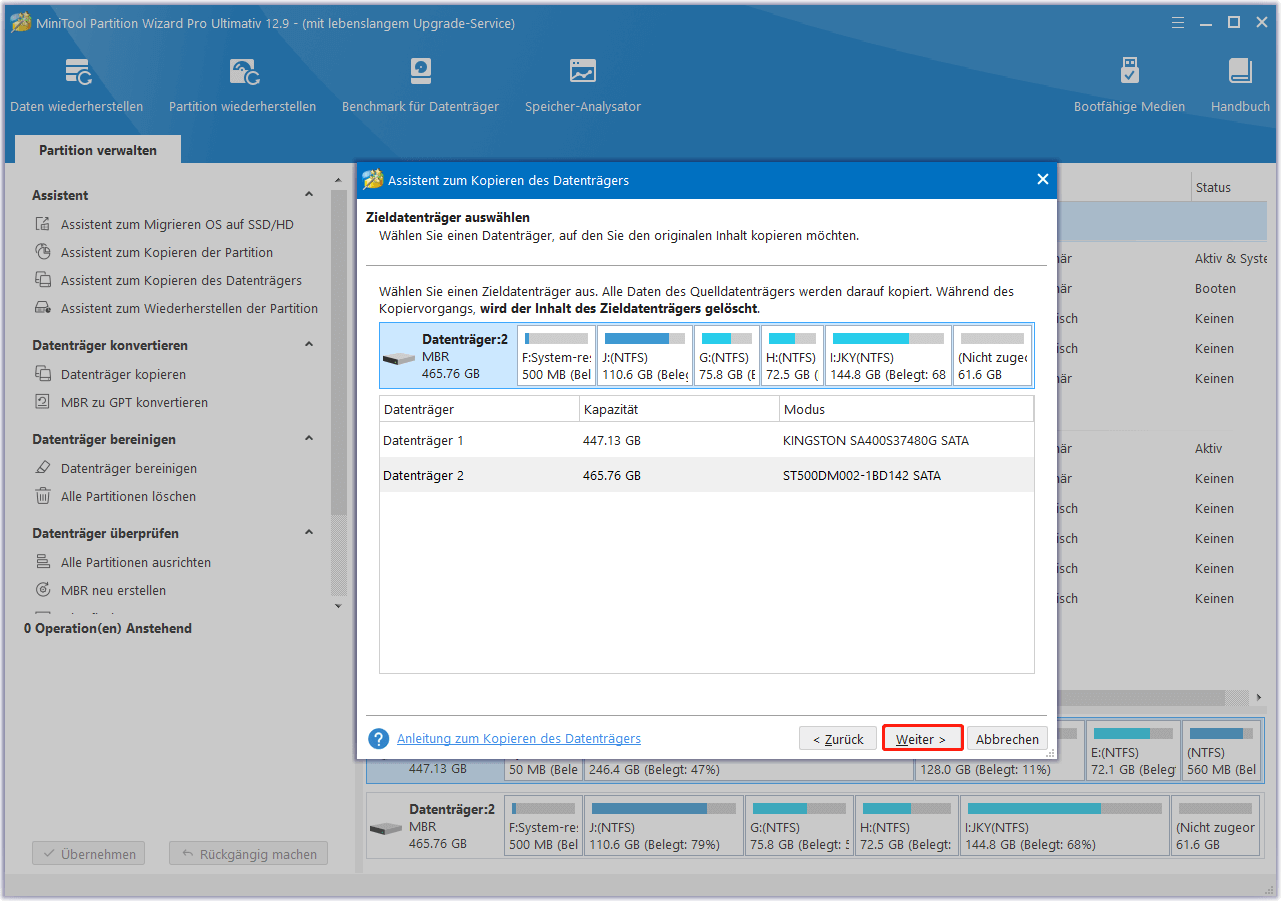 Auswahl des Zieldatenträgers in MiniTool Partition Wizard