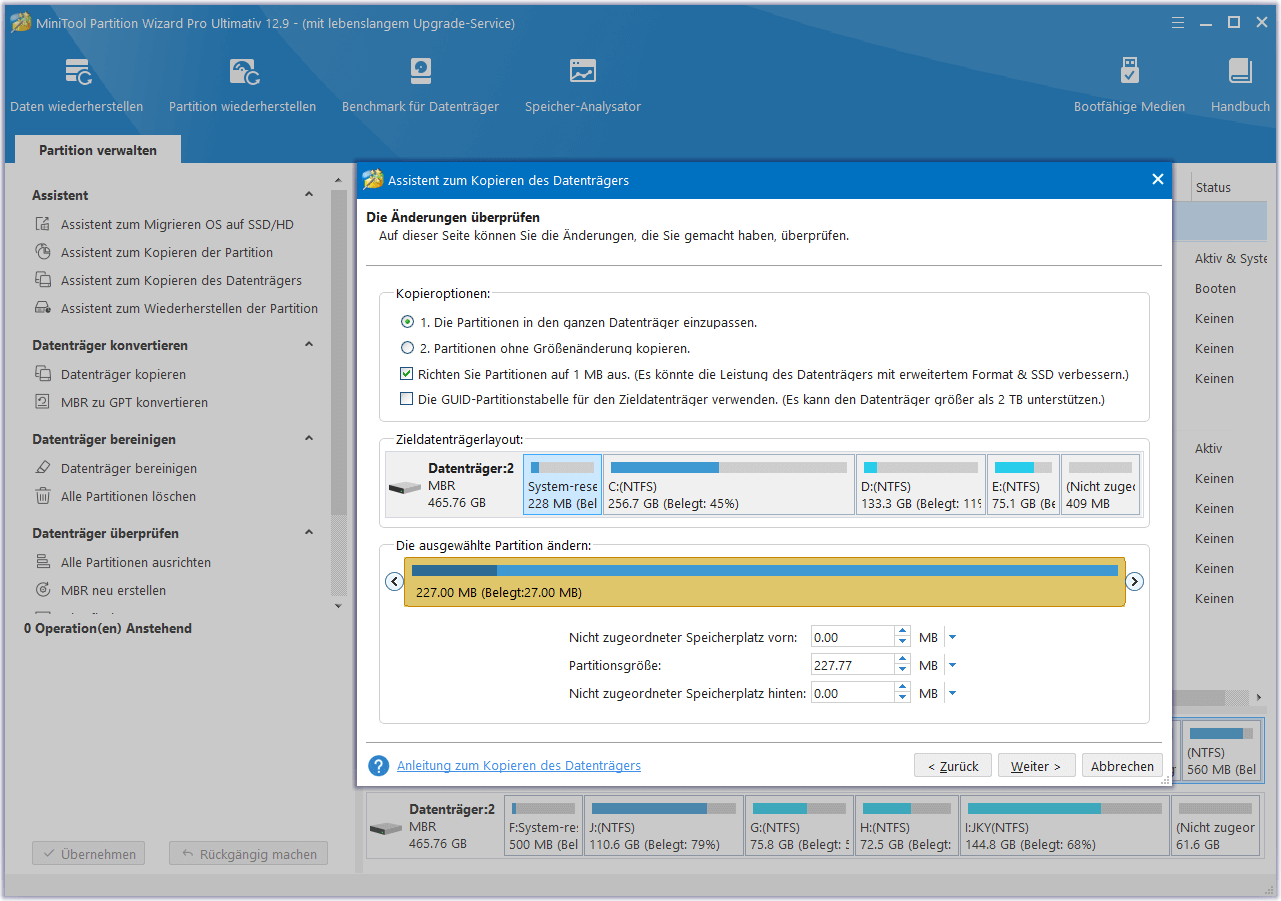 Anpassen der Kopiereinstellungen in MiniTool Partition Wizard