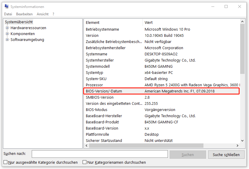 aktuelle Version des BIOS im Fenster Systeminformationen überprüfen