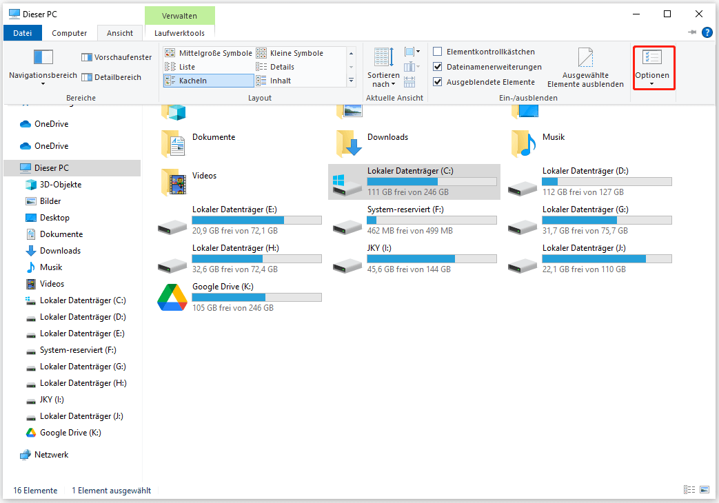 Klicken Sie auf Optionen im Datei-Explorer-Fenster