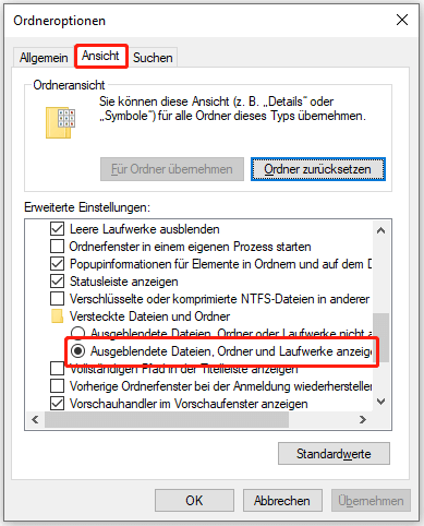 Wählen Sie die Option Ausgeblendete Dateien, Ordner und Laufwerke anzeigen im Fenster Ordneroptionen