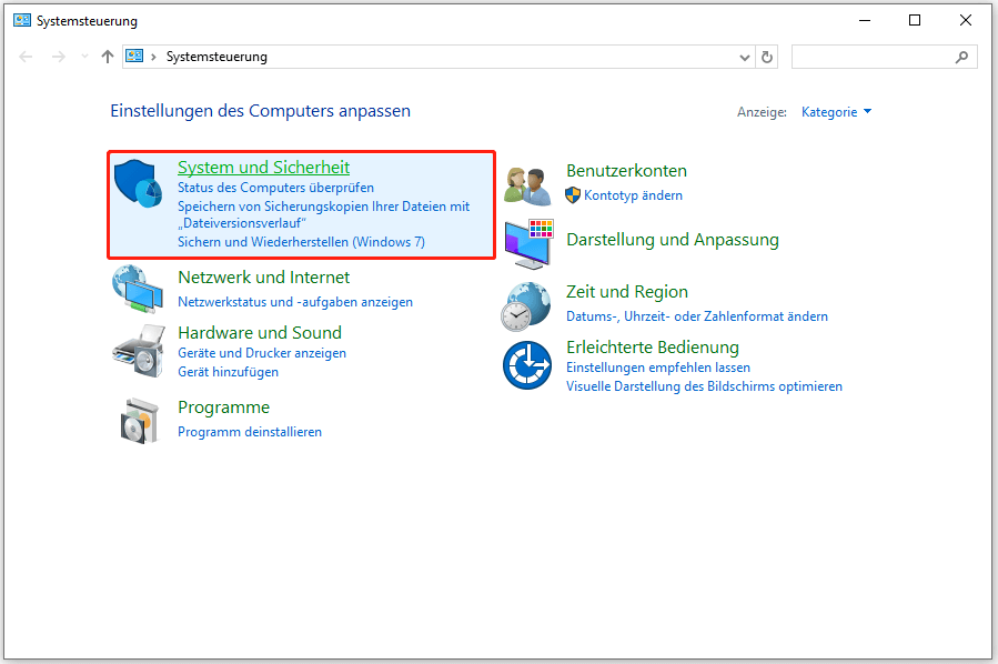 Wählen Sie System und Sicherheit aus der Funktionsliste des Fensters Systemsteuerung