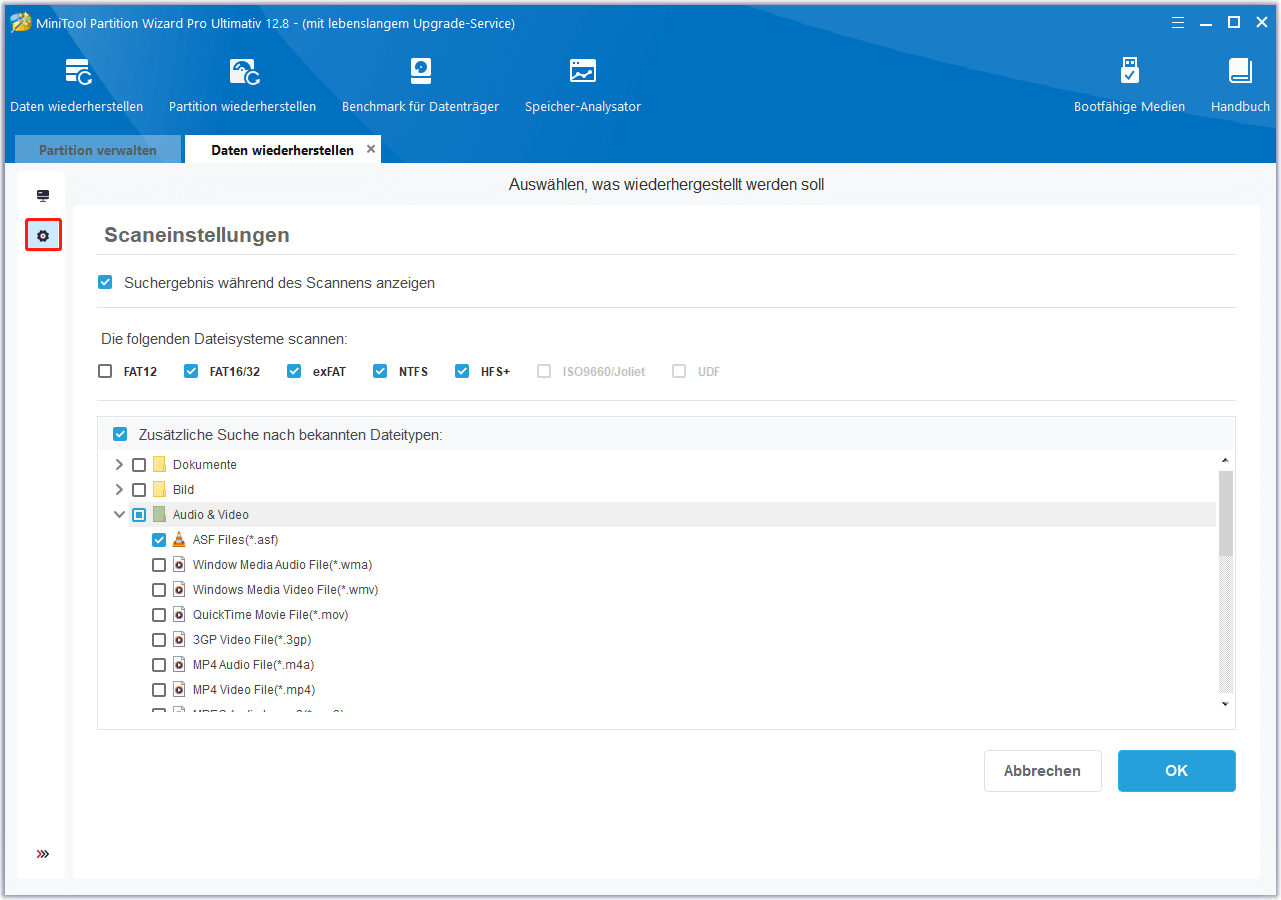 Scaneinstellungen in MiniTool Partition Wiederherstellungsfunktion festlegen