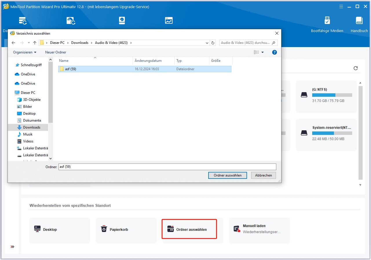 Klicken Sie auf Ordner auswählen in MiniTool Partition Wizard, um die Datenwiederherstellung zu starten