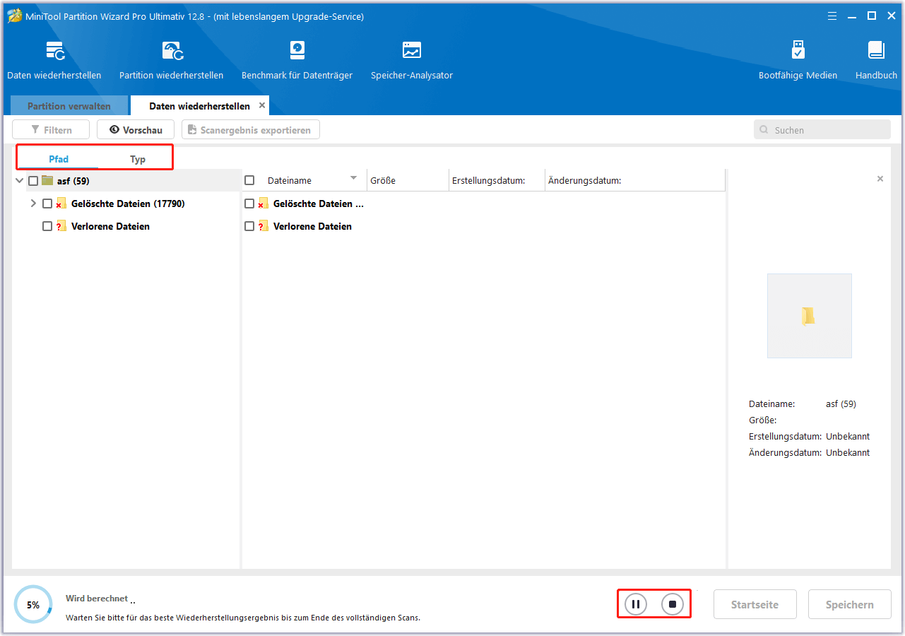 Verwenden Sie die Registerkarte „Pfad“ und „Typ“, um ASF-Dateien zu finden, und klicken Sie auf die Schaltfläche „Pause“ oder „Stopp“, um den Scanvorgang zu beenden.