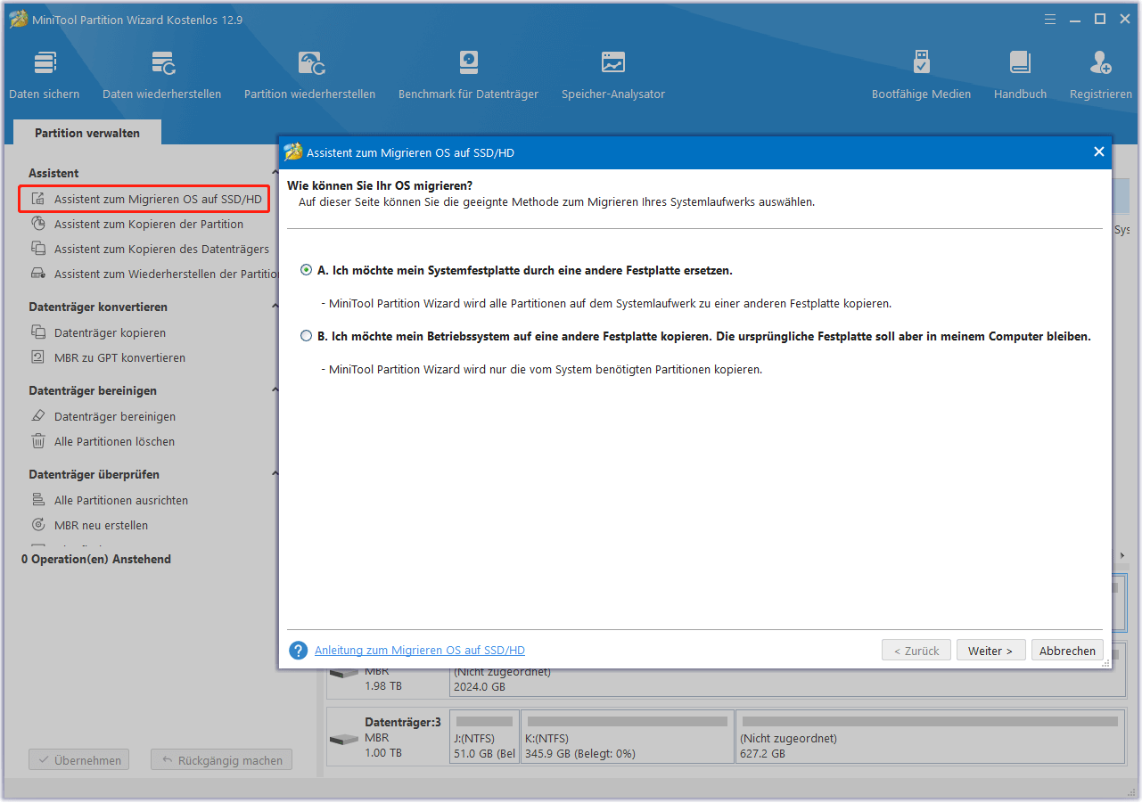 Assistent zum Migrieren OS auf SSD in MiniTool Partition Wizard