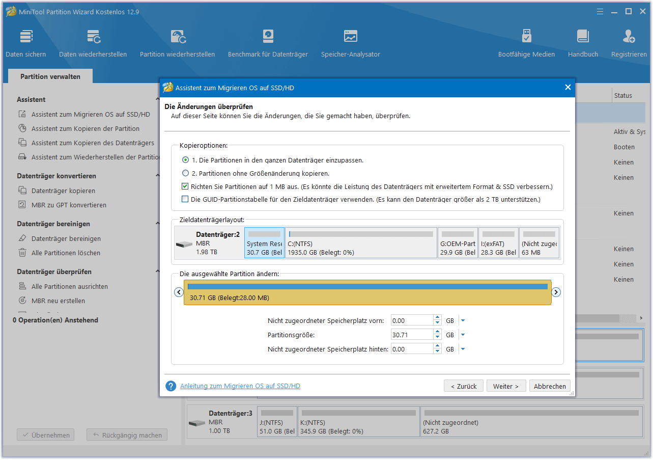 Kopiereinstellungen und Festplattenlayout konfigurieren