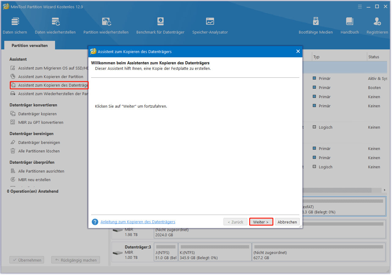 Assistent zum Kopieren des Datenträgers in MiniTool Partition Wizard