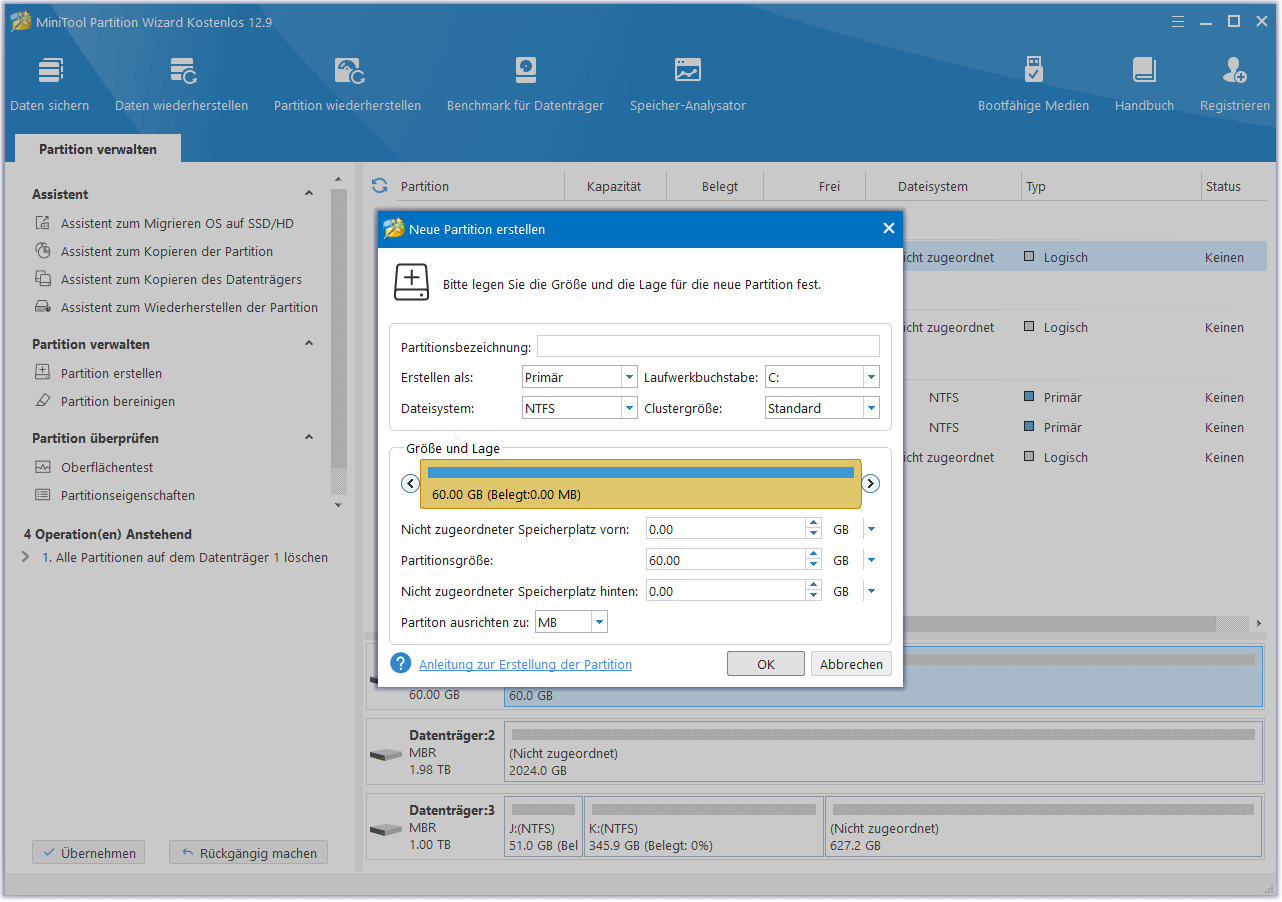 Neupartitionierung der alten Festplatte mit MiniTool Partition Wizard