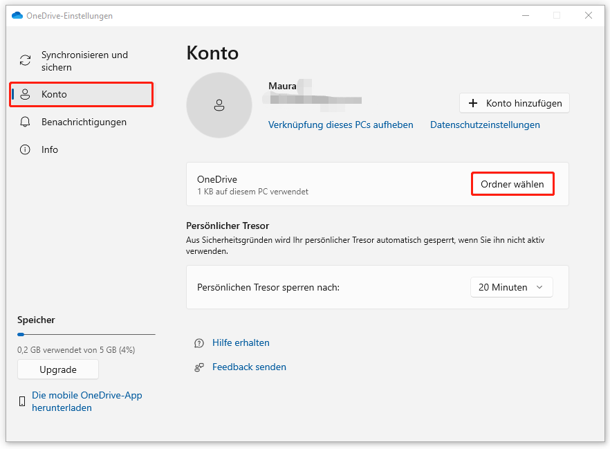 zu synchronisierende Dateien in OneDrive auswählen