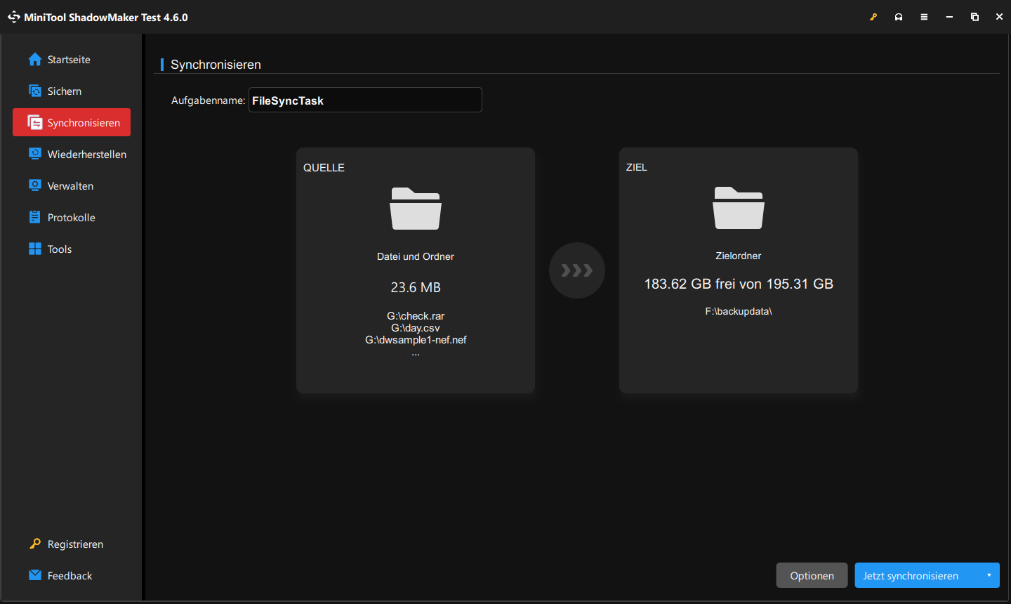 Synchronisierungsquelle und -ziel in MiniTool ShadowMaker auswählen