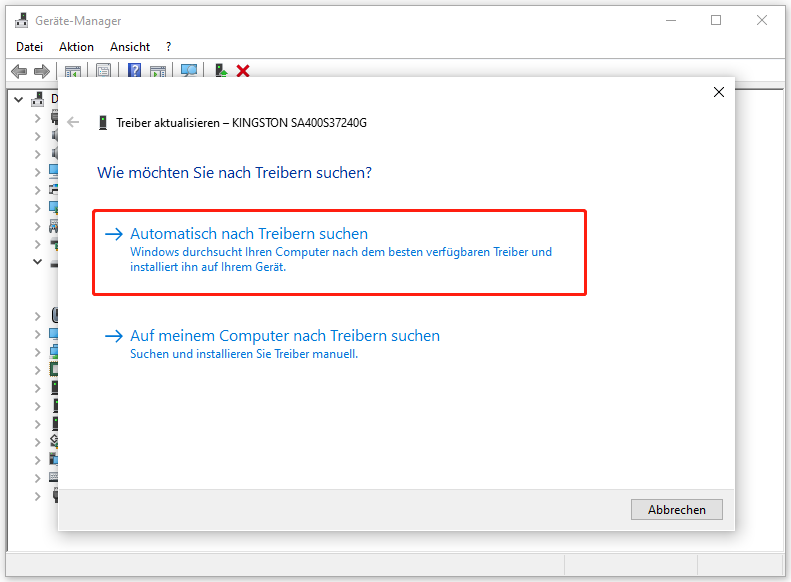 Klicken Sie im Geräte-Manager auf „Automatisch nach Treibern suchen“