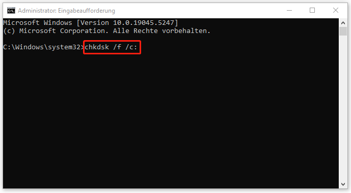 Befehl „chkdsk /f/c:“ im CMD-Fenster ausführen